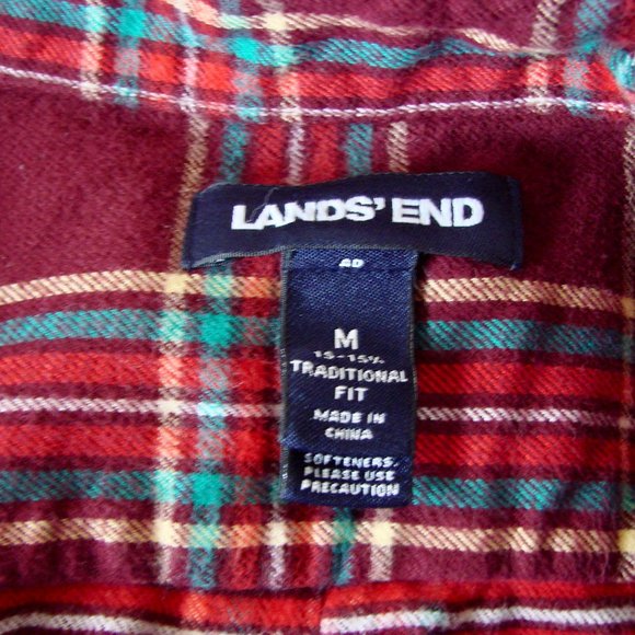 Plaid Flannel Shirt Lands' End Burgundy Red Button Down Medium 15 - 15.5 - Picture 3 of 16